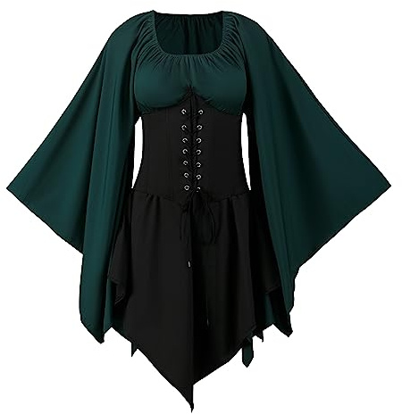 QEKFDOV Renaissance Elfen Kostüme Kleid,Mittelalter Kleid Mit Trompetenärmel,Karneval Halloween Cosplay Gothic Retro (E, 3XL)