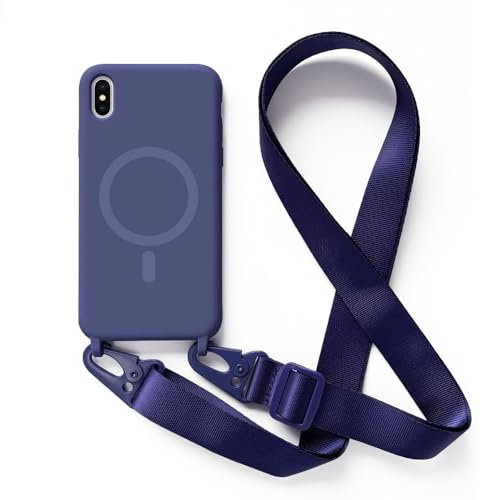 Leather Armor Handykette Hülle für iPhone X/XS mit Band Halsband Lanyard (abnehmbar) Handyhülle, Verstellbarer Lanyard.Magnetisch Stoßfest Silikonhülle Wireless Charging kompatibel .-Blau