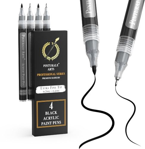 Pinturale Arts Feutre Acrylique Noir | Lot de 4 Feutres Noirs | Marqueur Acrylique Noir à Pointe Fine 0,7mm et Extra Fine 0,5mm | Pour Bois, Verre, Pneu, Pierre