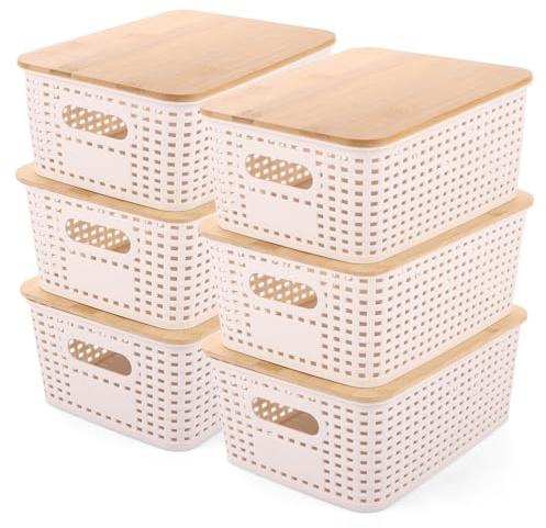 AKOLAFE 6Pcs Storage Boxes with Lids Plastic Storage Basket Stackable Shelf Baskets with Bamboo Lid, 25.5x18.5x10.5cm Medium Bin Boxes for Desktop, Shelves, Closet, Kitchen, Bathroom, White