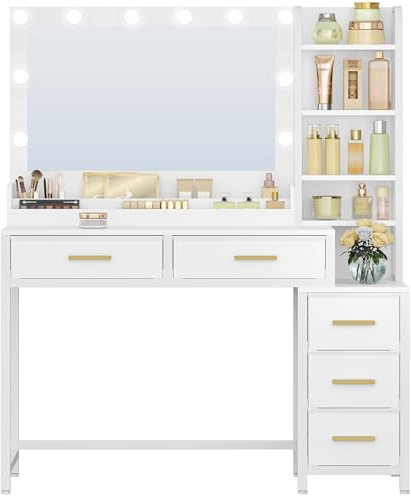 HEXCELEN Schminktisch, Weiß, 40 × 110 × 141 cm | Schminktisch mit Groß Spiegel, Frisiertisch mit 5 Schubladen, 5 Offenen Fächern, Stauraum vor Dem Spiegel