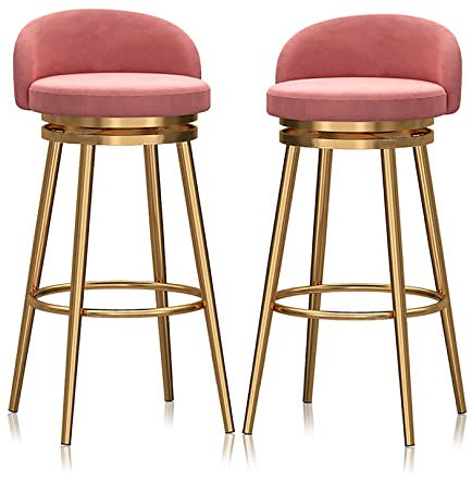 Lot de 2 tabourets de bar pivotants modernes en velours doré pour comptoir de cuisine Hauteur 65 cm Rose