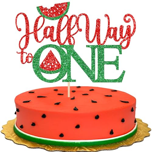 Xsstarmi Tortenaufsatz, 1 Packung Half Way to One, rot und grün, glitzernd, 1/2 Wassermelonen-Kuchenspieß für ein halbes Jahr, Happy 6 Month Birthday Party, Kuchendekorationen