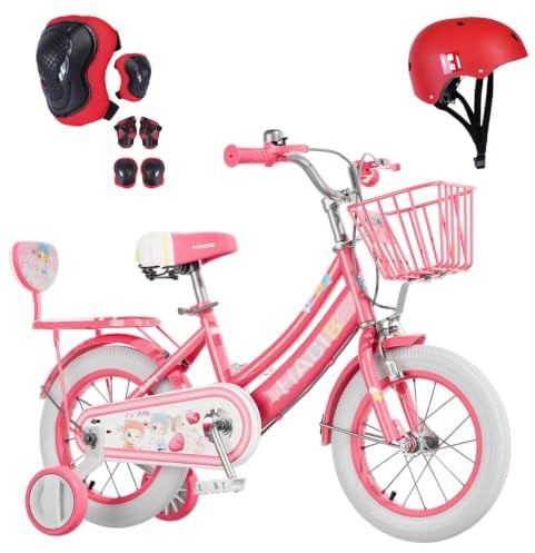 Habib Mädchenfahrrad Komplettset | 14 Zoll | Inkl. Luftpumpe & 6-teiligem Schutz-Set | Karbonstahlrahmen & Duales Bremssystem | Mitwachsend & sicher für Mädchen 3-8 Jahre - Rot