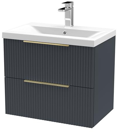 Balterley Vanity Unit with Basin Wall Hung, 2 Drawer Soft Close with Mid Edge Sink and Handles, Bathroom Vanity Units with Basin, Fluted Front Sink Cabinet - 610 x 390 x 540mm (Dark Grey)