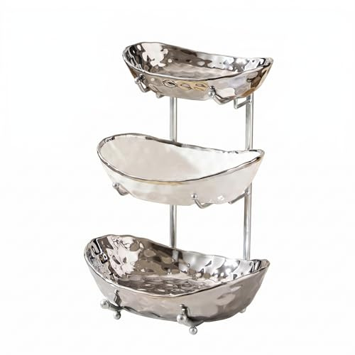 Simcat 3 Tier Fruit Bowl with Electroplated Ceramic Bowls and Metal Stand | Kitchen And Living Room Use, Fruit And Snack Display, Holds Fruits Cakes Bread, Silver Color