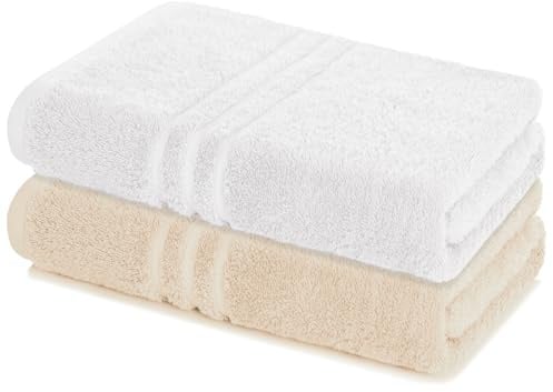 Lavea® 2er Set Saunatuch 80×200 cm, Saunahandtuch, Sauna-Handtücher Damen und Herren, 100% Baumwolle Frottier, saugstark, pflegeleicht 60°C, Frottierserie Elena, XXL Badetuch, Weiß & Creme