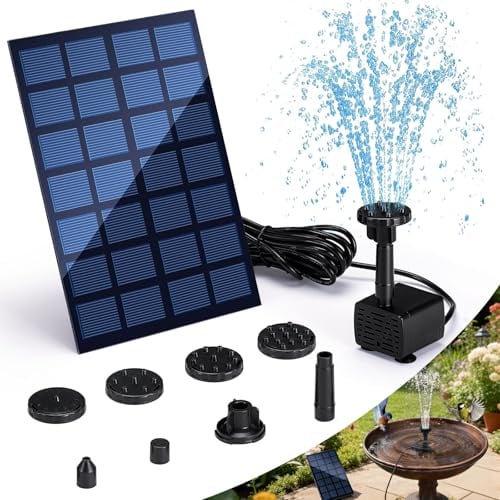 Tismels Fuente Solar Jardin Exterior 2.5w, Bomba de Agua Solar, 3M Cable con 6 Boquillas, para Jardín Baño de Pájaros, Pecera, Estanque Pequeño