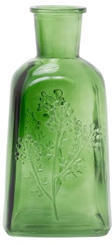 Emerald Green Wildflower Bottle Vase, 19cm Decorative Glass Flower Vase for Shelves Tables and Home Decor
