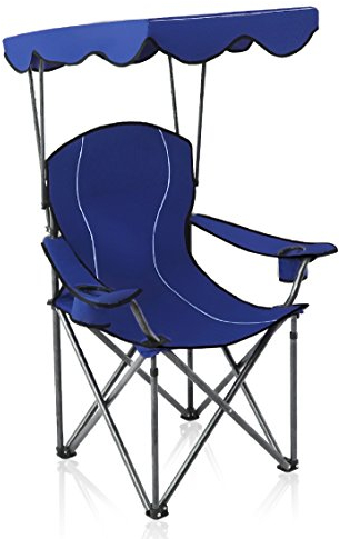 ALPHA CAMP Campingstuhl Faltbar mit Sonnendach bis 160 kg, Angelstuhl Klappbar mit Sonnenschirm und Getränkehalter, Sonnenliege mit Dach für Outdoor(Dunkelblau)