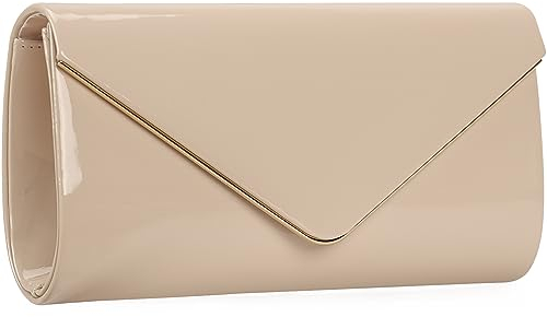 Dexmay Clutch aus Lackleder, glänzend, für Damen, Natürliches Beige, Medium