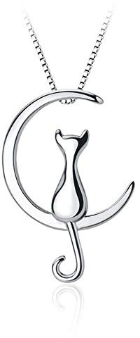Belons Damen Kette 925 Sterling Silber Zirkonia Katze auf Mond Anhänger Halskette Kette mit Anhänger Kätzchen Mondsichel