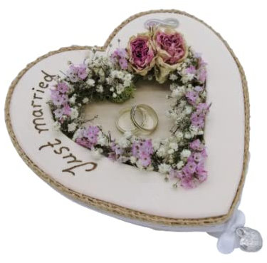 Ringkissen Ringhalter Herz Mille Fleurs Just married Holzherz für Eheringe zur Hochzeit