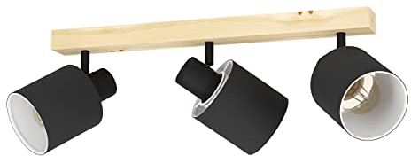 EGLO Deckenlampe Batallas, 3 flammige Deckenleuchte skandi, Deckenstrahler aus Holz, Textil, Metall, Wohnzimmerlampe in Natur, Schwarz, Weiß, Schlafzimmerlampe, Spots E27