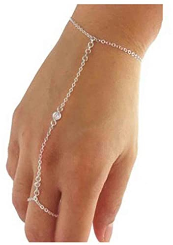 Yheakne Boho Kristall Finger Armband Silber Ring Handgelenk Vintage Sklavenarmband Minimalistische Ring Kette Hand Ketten Schmuck Für Frauen Und Mädchen (Silber)