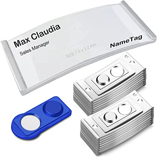 20 Stück Namensschilder Magnet mit 2 starkem Magnet, modisch gewölbt ca. 70x25mm mit Papiereinschub, silber