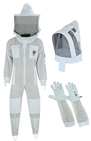 BusyBee Ventilated Bee Keepers Suits, 3 Layer Ultra Protective Bee Suit, Premium White Fabric Mesh Wasp Protection Suit, Professional Bee Suits for Men with Round Veil & Fencing Veil and Gloves MEDIUM
