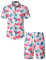 JOGAL Chemise hawaïenne à manches courtes et short pour homme Motif flamant rose, Bleu feuille flamant rose, M