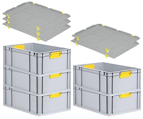PROREGAL SuperSparSet 5x Eurobox NextGen Color mit Auflagedeckel & Schiebeschnappverschlüsse, HxBxT 22x40x60cm, 44L, Griffe gelb geschlossen, Verstärkter Boden, Eurobehälter Transportbox