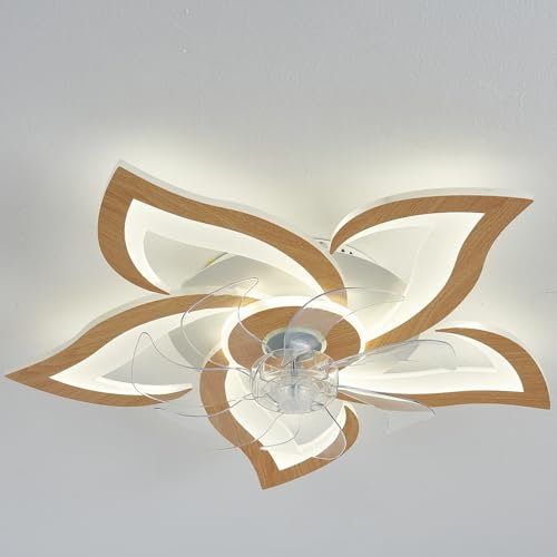 ycwdcz Legno Lampadario Ventilatore Con Telecomando Motore Dc Silenzioso Reversibile 6 Velocità Plafoniera Con Ventilatore Led Dimmerabile Fiore Design Per Camera Da Letto Soggiorno-Yellow wood grain