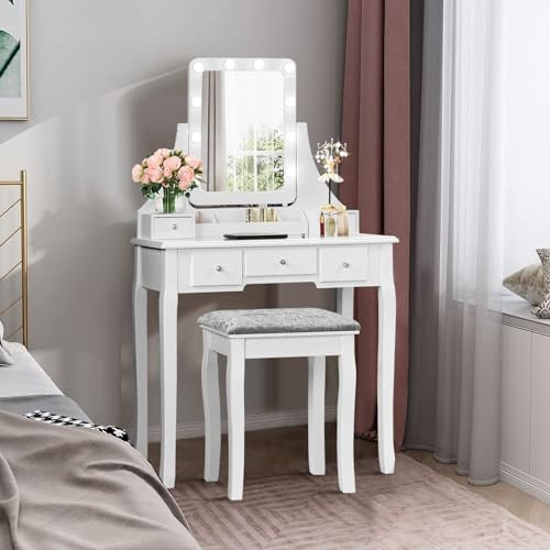 RELAX4LIFE Coiffeuse Table de Maquillage avec 12 Ampoules LED et 5 Tiroirs, Coiffeuse avec Miroir Rotatif à 360 ° et Tabouret, Table de Toilette avec Pieds en Pin pour Femmes (Blanc)