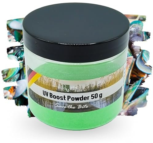 Zite Fishing UV Boost Powder - 50g Bait Dip für Karpfen-Boilies - Angel-Köder-Zubehör - Von Ananas bis Monster Crab - Boilies, Pop Ups, Mais & Mehr (Muschel-Halibut/Grün)