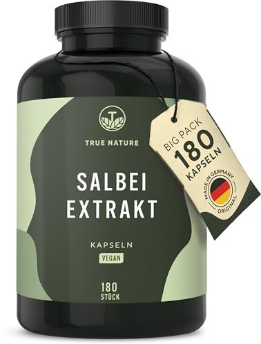 Salbei - 180 Kapseln - Hochdosiert (10:1) - 6000 mg Salbei Extrakt pro Tagesdosis (Salvia officinalis) – Vegan, ohne Zusätze - TRUE NATURE®