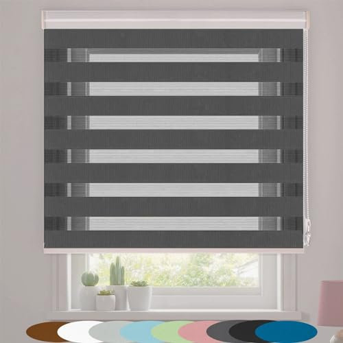 Doppelrollo Verdunkelungsrollo 110 x 170 cm Sichtschutz Und Sonnenschutz Moderne Tag-Nacht-Rollo Inkl. Befestigungsmaterial für Fenster & Balkontür, Dunkelgrau