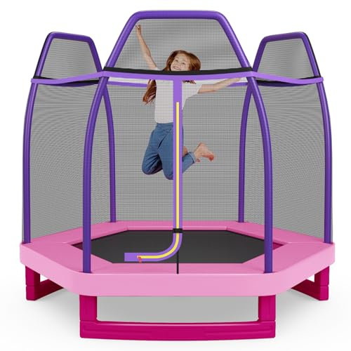 COSTWAY Ø223cm Gartentrampolin mit Sicherheitsnetz, gepolsterten Stangen & Randabdeckung, Trampolin Kindertrampolin bis 150KG belastbar, Indoor-/Outdoortrampolin für Kinder ab 3 Jahre (Rosa)