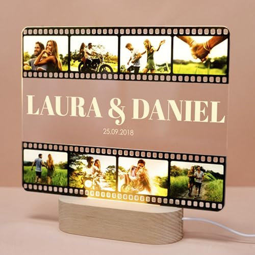 Made in Gift Lámpara de Metacrilato Personalizada con Foto y Texto con Base de Madera con Cable USB con Luz como Regalo Original Romántico para Parejas o Aniversarios