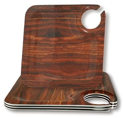 TP 6.5 Mini Cocktail Appetizer Plate, Small Wine and Cheese Board, Melamine Party Serving Plate with Glass Holder, 4-Pack, Wood Grain