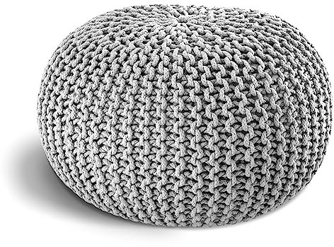 ELYFLAIR® handgefertigter Strickhocker Ø 55cm o. Ø 45cm I Sitzpouf Sitzpuff Bodenkissen Sessel Kissen Sitzhocker Sitzsack - mit eleganter Grobstrick-Optik - Dekoration Interieur (Weiß, Ø 45cm)