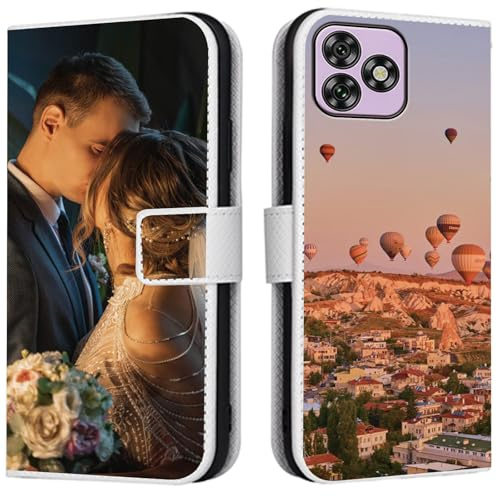 CAXKJE Lederhülle für Blackview Shark 9 Personalisierte Handy Hülle,mit Eigenem Foto Bild Text Individuelle Schutzhülle,Leder Flip Case Schutzhülle Stoßfest Hülle -SAMHD-White