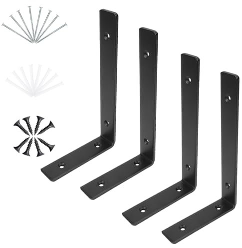 KINDPMA 4 Stück Regalhalterung Schwarz mit Schrauben, Tragkraft 150 KG, 195x110x30mm Schwerlastwinkel L Metallwinkel 90 Grad Regalträger Regalwinkel für Wandhalterung Holzregale Wandregalhalter