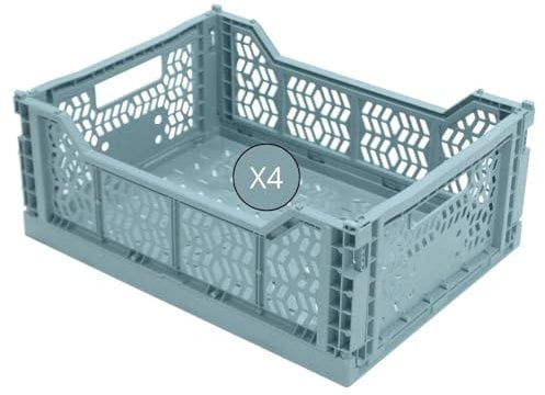 Box and beyond - Lot de 4 Caisses de rangement pliables - Cagettes plastique empilables - Caisse pliante avec poignée - Cuisine, chambre à coucher, bureau (Cyan, 40 x 30 x 15 cm)
