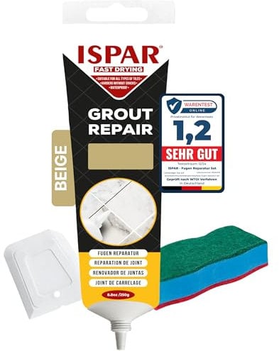 Ispar Tile Grout, 250 g Beige Grout Reviver, Fast Drying Premixed Grout Repair Kit with Spatula, Ideal for Bathroom, Kitchen & Floor Tiles Renewal