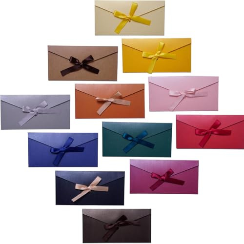 12 Stücke Briefumschläge Bunt, Retro Kraftpapier Farbigen Bändern, Geschenkkarten für Hochzeit Einladungskarten Nachricht Karte Party Geburtstag Weihnachten, 22 x 10,8 cm