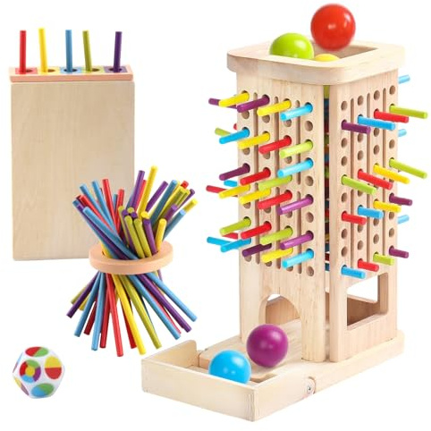 Vaskula Montessori Spielzeug ab 3 Jahre Steckspiel Holz mit 42 Bunte Holzstäbchen 5 Farbige Kugeln Würfeln Holzbox Lernspiel für Kinder Pädagogisch Wertvoll für Kinder Geschenk