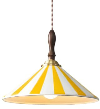 ZTTECH 30cm Vintage Keramik Pendelleuchte mit Streifen E27 Fassung Holzbase Höhenverstellbar Moderne Hängelampe für Wohnzimmer Schlafzimmer Küche Esszimmer Café (Gelb)