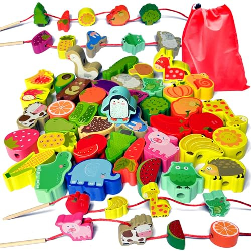 Goujfol Holzspielzeug Fädelspiel Montessori Spielzeug Motorikspielzeug 42Stk Holz Perlen Obst Tier Spiele Geschenk Jungen Mädchen Kinderspielzeug ab 3 Jahren
