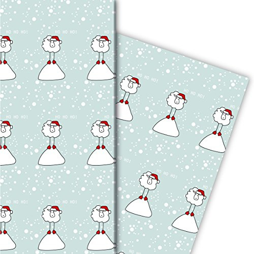 Lustiges Geschenkpapier Set (4 Bogen) | Dekorpapier mit Weihnachts Schaf: Ho Ho Ho, hellblau, für tolle Geschenk Verpackung und Überraschungen zu Nikolaus, Advent, Weihnachten u.v.m. 32 x 48cm