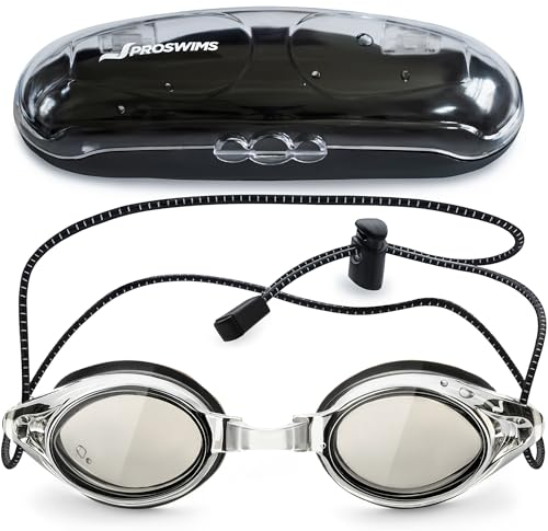 Proswims Gafas de Natación con Cordón Elástico y Lentes Antivaho para Competición – Gafas de Natación Hombre, Mujer y Niño 7+ - Incluye Gafas de Piscina, Funda Rígida y Paño de Microfibra Gris