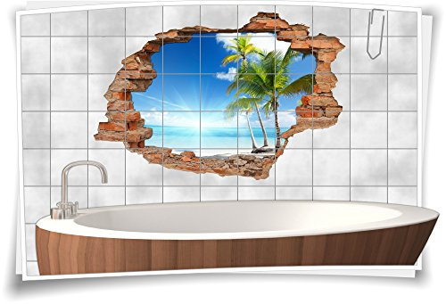 Fliesenaufkleber Fliesenbild Wanddurchbruch Strand Meer Palmen Sonne Wasser, 90x60cm, eigene Größe