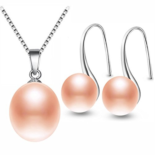 Kim Johanson Damen Perlen Schmuckset Eva aus 925 Sterling Silber mit echten rosa Süßwasser Perlen Halskette & Ohrringe inkl. Schmuckbeutel