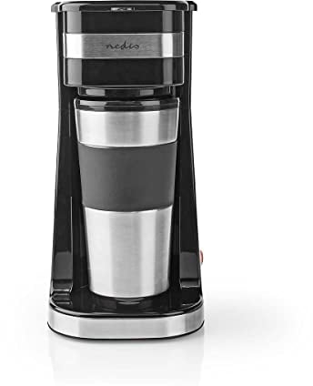 Nedis - Kaffeemaschine - Edelstahldesign - Reisebecher mit Deckel - Doppelwandige Isolierung - Anti-Tropf-Funktion - 1 Tassen auf Einmal - 0.4 L - Schwarz/Silber