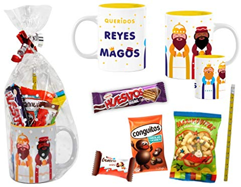 CAPRILO. Lote de 4 Tazas de Cerámica con Golosinas y Chocolates Reyes Magos. Vajillas. Regalos y Juguetes para Fiestas de Cumpleaños, Bodas, Navidad y Reyes, Bautizos y Comuniones. DC