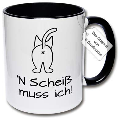 CRP Lustige Tasse mit Katze, Kaffeetasse mit Spruch N Scheiß muss ich! Spruchtasse Geschenkidee Büro (A: Schwarz-Weiß, Keramik, 350ml)
