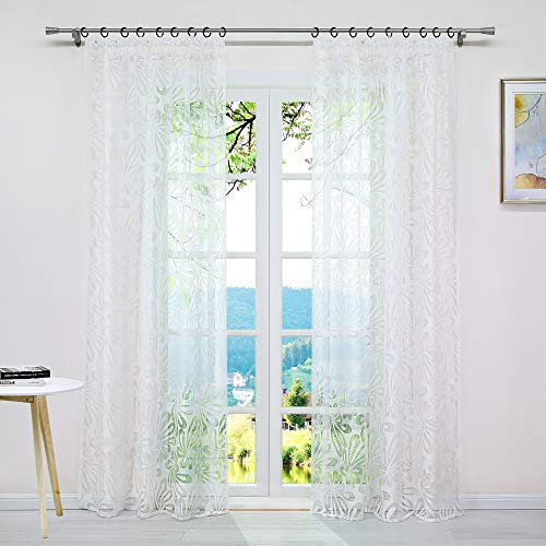 ESLIR Gardinen mit Kräuselband Vorhänge Ausbrenner Weiß Fensterschal Transparent Wohnzimmer Blumen Design BxH 140x245cm1 Stück