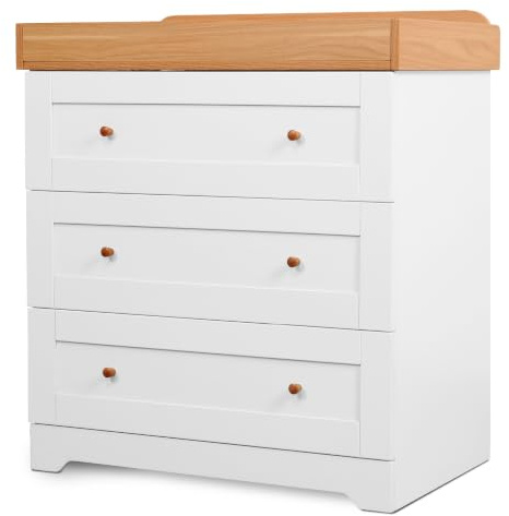 Tutti Bambini Rio Chest Changer, 3 Drawer Baby Dresser - Dove Grey/Oak | Solid wood nursery changer with removable top and three drawers for organised baby storage.