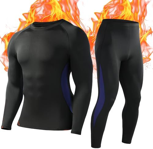 Roadbox Mens Thermal Underwear Suit Fleece Lined Long Sleeve Tops & Pants Compression Workout Base layer for Winter Work Fishing